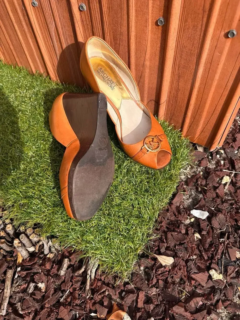 Michael Kors Tan Leather Peep Toe Wedge Heels with Gold MK Logo Accent